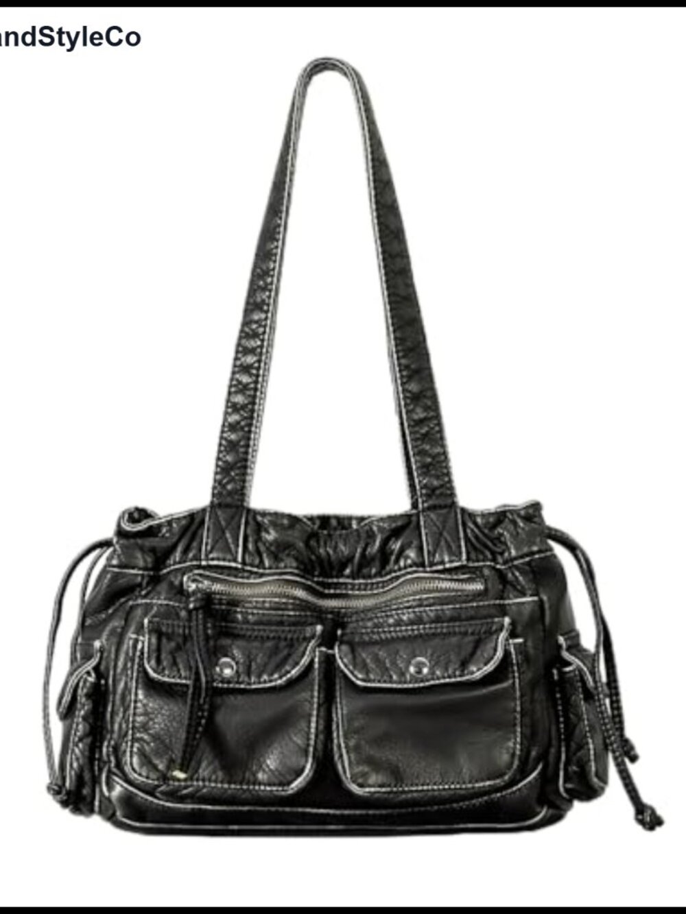 PU Leather Drawstring Motorcycle Shoulder Tote Bag Large Capacity Multiple